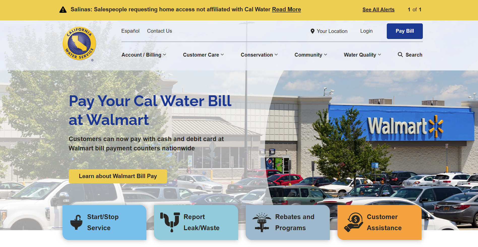 Website interface for California Water Service, promoting bill payments at Walmart with options for service management and customer assistance.